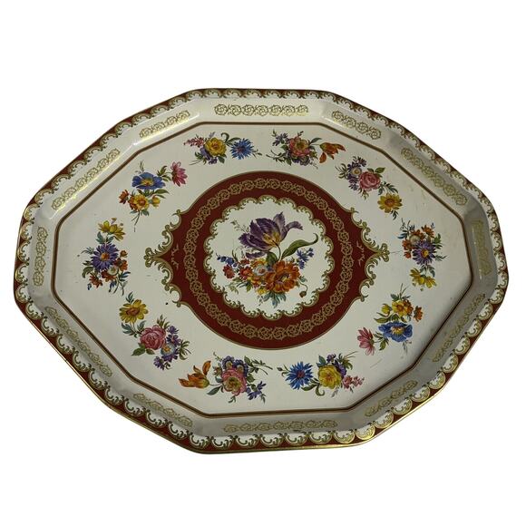VTG Oval Daher Decorated Ware England 17.5x13.5 Tin Floral Metal Tea Bar Tray - Picture 1 of 5